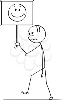 Cartoon stick drawing conceptual illustration of sad or depressed man or businessman walking with smiling face or smiley on sign.
