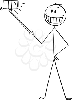 Cartoon stick drawing conceptual illustration of man with big artificial smile taking selfie with selfie stick.