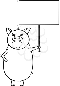 Cartoon stick drawing conceptual illustration of angry pig holding empty sign for your text.