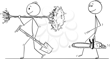 Cartoon stick drawing conceptual illustration of man walking with spade to dig a hole to plant a tree, another man with chainsaw is going to cut it down. Concept of ecology and environmental or forest conservation.