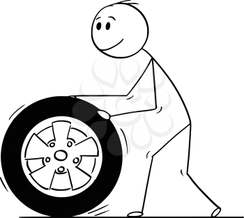 Cartoon stick drawing conceptual illustration of man rolling car wheel and tire.