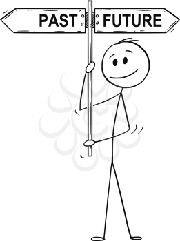 Cartoon stick drawing conceptual illustration of man or businessman holding arrow signpost or guide post or sign with past or future text.