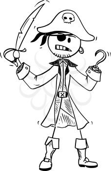 Cartoon stick drawing conceptual illustration of pirate with eye patch, sabre and hook.