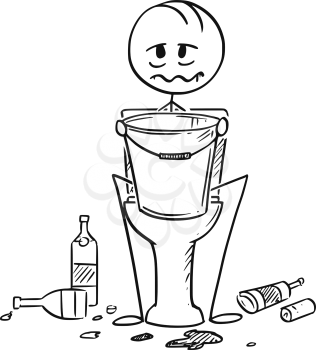 Cartoon stick drawing conceptual illustration of sick or drunk man sitting on toiled with bucket for vomiting in hands. Empty bottles are lying around.