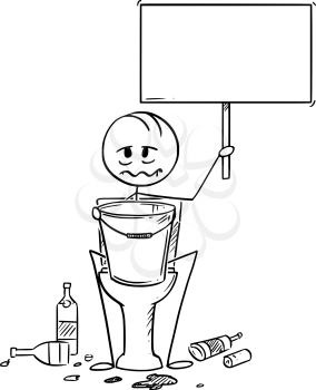 Cartoon stick drawing conceptual illustration of sick or drunk man sitting on toiled with bucket for vomiting and empty sign in hands. Empty bottles are lying around.