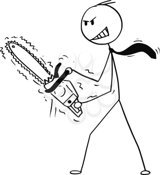 Cartoon stick man drawing conceptual illustration of angry or mad businessman with chainsaw. Business concept of frustration and repressed aggression.