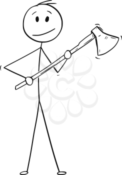 Cartoon stick drawing illustration of man or lumberjack with axe or ax.