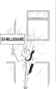 Cartoon stick man drawing conceptual illustration of businessman or banker jumping out of the window and holding sign with ex-millionaire text. Business concept of financial crisis and wealth.