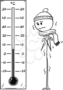 Cartoon stick drawing conceptual illustration of chilled man looking at big Celsius thermometer showing low weather temperature around 5 degree.