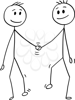Cartoon stick drawing conceptual illustration of homosexual couple of two gay men walking together and holding each others hand.