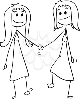 Cartoon stick drawing conceptual illustration of homosexual couple of two lesbian women walking together and holding each others hand.