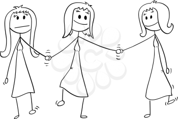 Cartoon stick drawing conceptual illustration of homosexual couple of two lesbian women walking together and holding each others hand. One of them is also holding hand of another woman, probably mistress. Concept of infidelity.