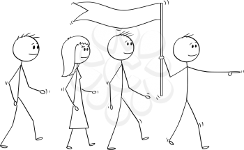 Cartoon stick drawing conceptual illustration of leader with flag leading a team of business people. Business concept of leadership and management.