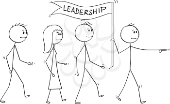 Cartoon stick drawing conceptual illustration of leader with leadership flag leading a team of business people. Business concept of leadership and management.
