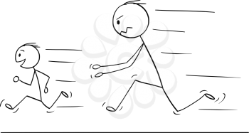 Cartoon stick drawing conceptual illustration of frustrated and angry father chasing naughty and disobedient son.
