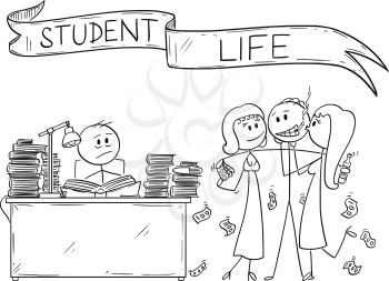 Cartoon stick drawing conceptual illustration of two students, one of them is learning from books and second one is partying with girls and alcohol. Illustration of student life.