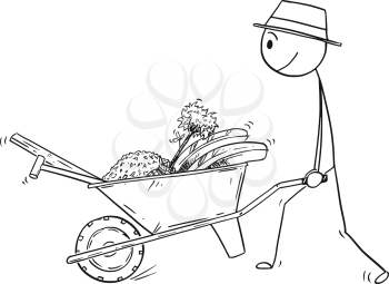 Cartoon stick drawing conceptual illustration of gardener going to plant a tree and pushing wheelbarrow with equipment and tools.