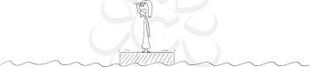 Cartoon stick drawing conceptual illustration of woman or businesswoman standing alone on the raft in the middle of ocean or nowhere looking for some hope or options to change his situation.