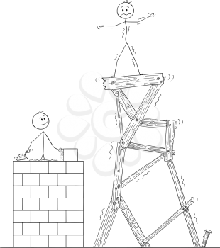 Cartoon stick drawing conceptual illustration of two men or businessmen. One of them is slowly building high quality tower from bricks, second man is standing on top of quickly build cheap and unstable tower from wood. Business concept of quality, construction time and cost.