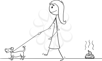 Cartoon stick drawing conceptual illustration of woman walking with small dog on a leash leaving excrement or poop on the ground.