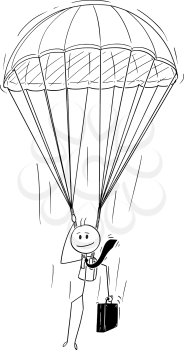 Cartoon stick drawing conceptual illustration of skydiver parachutist businessman with parachute.