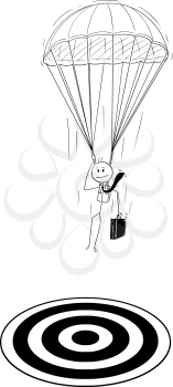 Cartoon stick drawing conceptual illustration of skydiver parachutist businessman with parachute landing at target. Business concept of investment and management.