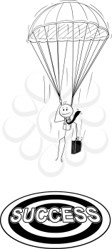 Cartoon stick drawing conceptual illustration of skydiver parachutist businessman with parachute landing at success target. Business concept of investment and management.