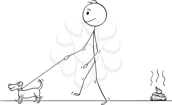 Cartoon stick drawing conceptual illustration of man walking with small dog on a leash leaving excrement or poop on the ground.