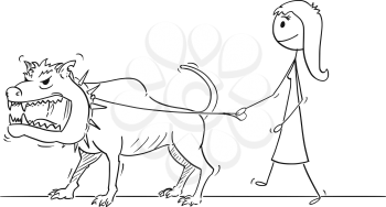 Cartoon stick drawing conceptual illustration of woman walking with big or giant dangerous monster beast dog on a leash.