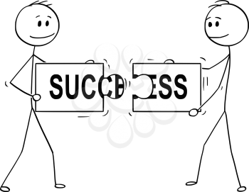 Cartoon stick man drawing conceptual illustration of two businessmen holding and connecting matching pieces of jigsaw puzzle with success text. Business concept of teamwork, collaboration and problem solution.