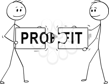 Cartoon stick man drawing conceptual illustration of two businessmen holding and connecting matching pieces of jigsaw puzzle with profit text. Business concept of teamwork, collaboration and financial problem solving.