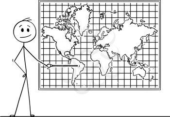 Cartoon stick drawing conceptual illustration of man using pointer and pointing at South America continent on big wall world map.