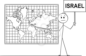 Cartoon stick drawing conceptual illustration of man using pointer and pointing at State of Israel on big wall world map.