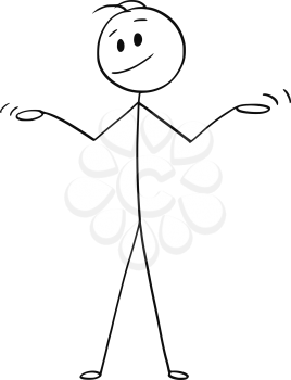 Cartoon stick drawing conceptual illustration of man or businessman spreading his arms in innocence or uncomprehending gesture.