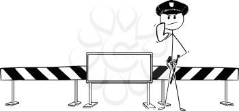 Pen and ink hand drawing of policemen shoeing stop gesture standing near road block with empty sign for your text.