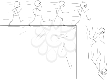 Cartoon stick drawing conceptual illustration of people following they dreams and disillusion when they finally meet the reality. Metaphorical illustration of line of enthusiastic men running and finally falling down from the cliff.