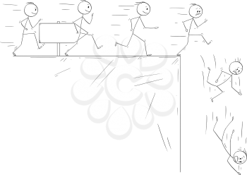 Cartoon stick drawing conceptual illustration of people following they dreams and disillusion when they finally meet the reality. Metaphorical illustration of line of enthusiastic men running and finally falling down from the cliff. There is empty sign for your text.