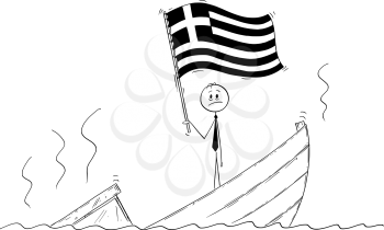 Cartoon stick drawing conceptual illustration of politician standing depressed on sinking boat waving the flag of Greece or Hellenic Republic.