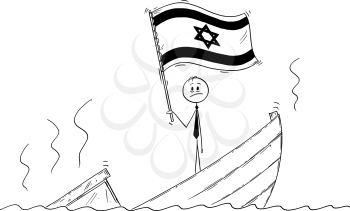 Cartoon stick drawing conceptual illustration of politician standing depressed on sinking boat waving the flag of State of Israel.
