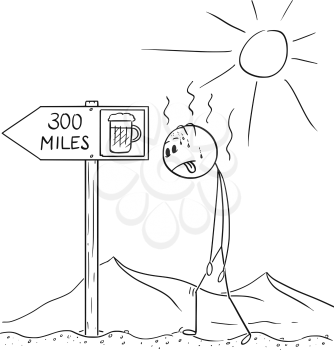 Cartoon stick drawing conceptual illustration of man walking thirsty without water through hot desert and found arrow sign with beer 300 miles symbol.