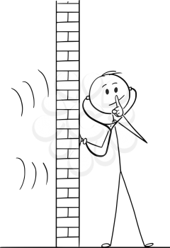 Cartoon stick drawing conceptual illustration of man using stethoscope or phonendoscope to hear and spy what happens behind wall and showing silence gesture with finger on his lips.