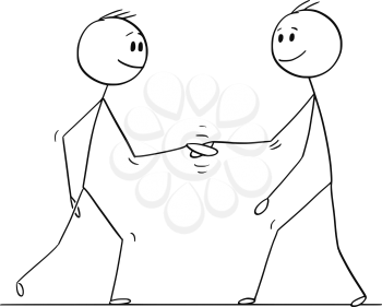 Cartoon stick drawing conceptual illustration of two men or businessmen shaking hands or doing handshake. Business concept of cooperation or agreement.