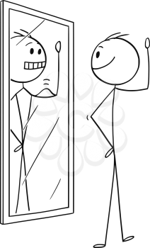 Cartoon stick drawing conceptual illustration of man looking at himself in the mirror and seeing yourself in better shape or condition and muscular with bigger muscles.