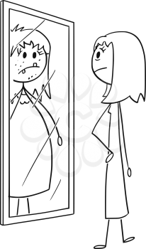 Cartoon stick drawing conceptual illustration of ordinary nice and slim woman or girl looking at herself in the mirror and seeing yourself ugly, fat and obese. Concept of low self-esteem or confidence.