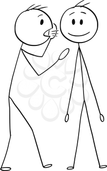 Cartoon stick drawing conceptual illustration of man or businessman whispering a secret in the ear of another man.