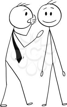 Cartoon stick drawing conceptual illustration of banker or businessman whispering a secret or advice in the ear of client or customer.