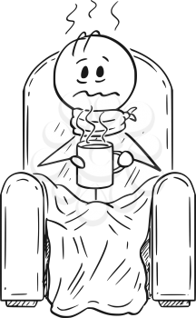 Cartoon stick drawing conceptual illustration of sick man with influenza, flu, cold or fever sitting in armchair covered by blanket and drinking hot tea.