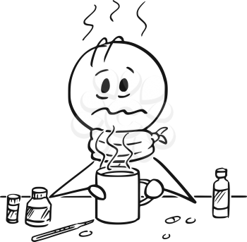 Cartoon stick drawing conceptual illustration of sick man with influenza, flu, cold or fever drinking hot tea.