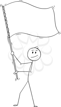 Cartoon drawing conceptual illustration of man waving big white or empty flag.