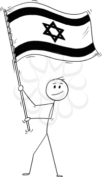 Cartoon drawing conceptual illustration of man waving the flag of State of Israel.